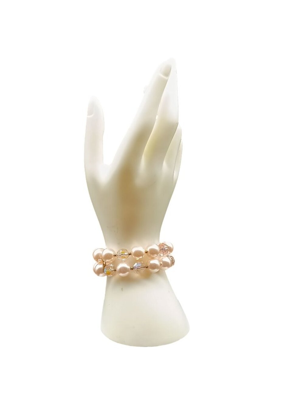 Vintage Faux Blush Pearl & Crystal Beaded Pink Stretch Bracelet - Adjustable Fit